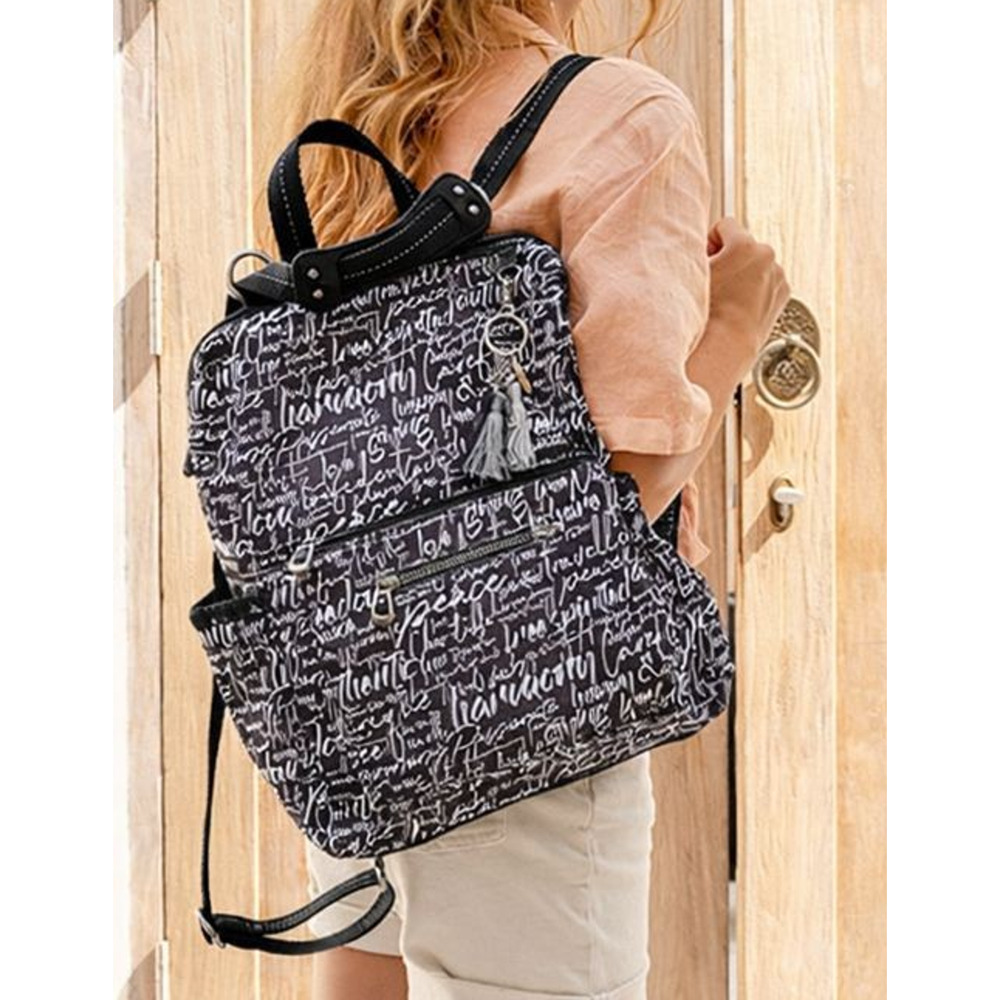 Sakroots Black Backpack White Script Print Convertible Travel Boho Bag Keychain - Picture 2 of 16